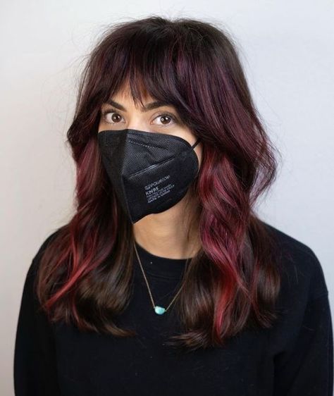 Crimson and Burgundy Brown Balayage Hair Dark Brown Hair With Pop Of Color, Burgundy Shag Hair, Maroon Peekaboo Hair, Burgundy Brown Balayage, Maroon Hair Highlights, Block Hair Colour, Brown Hair With Burgundy Balayage, Brown With Red Hair, Burgundy Peekaboo Hair