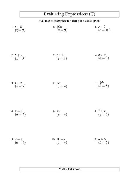 The Evaluating One-Step Algebraic Expressions with One Variable and No Exponents (C) math worksheet from the Algebra Worksheets page at Math-Drills.com. Translating Algebraic Expressions, Algebra Equations Worksheets, Solving Algebraic Equations, 8th Grade Math Worksheets, Evaluating Algebraic Expressions, Pre Algebra Worksheets, Equations Worksheets, Equivalent Expressions, Simplifying Algebraic Expressions