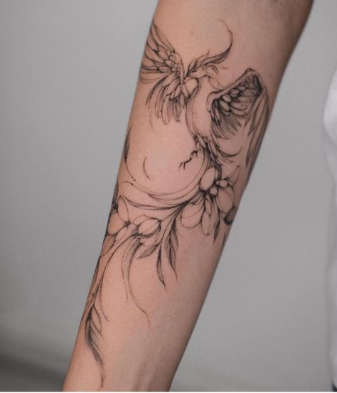 Pretty Pheonix Tattoo, Phoenix Tattoo Wrapped Around Arm, Flower Phoenix Tattoo, Transformation Tattoo For Women, Forearm Tattoo Feminine, Phoenix Arm Tattoo For Women, Phoenix Tattoo Forearm, Minimalist Sleeve Tattoo For Women, Phoenix Tattoo Design For Women