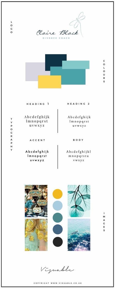 Brand Identity Design | Yellow and Turquoise tale Logo and Brand Style Guide Turquoise Brand Identity, Yellow Brand Identity, Mustard Colour Combination, Turquoise Logo, Brand Identity Colors, Personal Branding Identity, Teal Branding, Turquoise Branding, Website Design Inspiration Layout