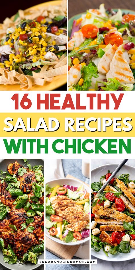 Enjoy tasty and easy salad recipes with chicken! 🥗❤️ Perfect for a healthy lunch or dinner, these salads are not only delicious but also quick to prepare. Discover a variety of recipes that will satisfy your cravings! Save this pin for all your salad inspirations! 📌🍴 Cooked Chicken For Salads, Salads Recipes With Chicken, How To Cook Chicken For Salads, Dinner Salad With Chicken, Chopped Chicken Salad Recipes, Salad With Grilled Chicken Recipes, Chicken Tender Salad Recipes, Chicken And Rice Salad Recipes, Chicken Lettuce Salad Recipe