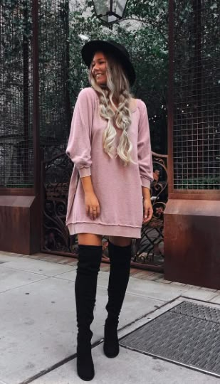 oversized sweatshirts + over the knee boots #freepeople #fpme Oversized Sweatshirt Outfit, Sweatshirt Dress Outfit, Over The Knee Boot Outfit, Knee Boots Outfit, Women In Boots, Stylish Scarves, Skirts With Boots, Long Sweater Dress, Leather Jacket Outfits