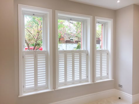 Cafe Shutters Bathroom, Interior Cafe Shutters, Half Window Shutters, Cafe Shutters Bay Window, Bathroom Window Shutters, Window Shutters Indoor, Shutters Inside, Cafe Shutters, Bay Window Shutters