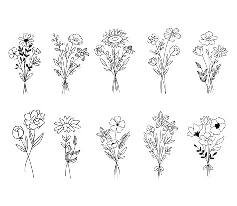 Flower Bunch Doodle, Bouquet Of Flowers Outline, Bouquet Sketch Drawings, Doodle Flower Bouquet, Flower Bouquet Sketch Simple, Simple Flower Bouquet Drawing, Bouquet Drawing Simple, Wild Flower Bouquet Tattoo, Flower Bouquet Doodle