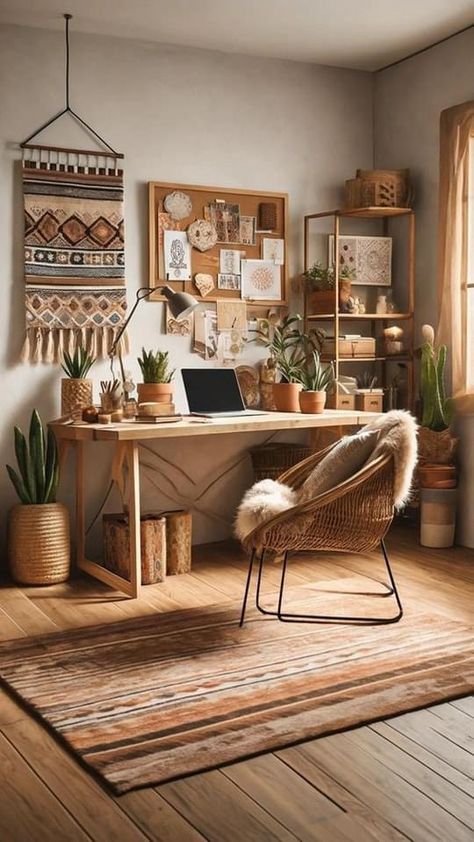 Home Office Boho Chic, Boho Art Studio, Bohemian Home Office, Boho Desk, Bohemian Office, Feminine Home Office, Boho Style Room, Hippie Bedroom Decor, Office Boho