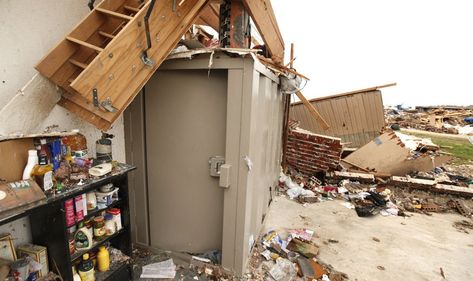 Oklahoma tornadoes: Aboveground shelters stood up in face of EF5 Moore tornado. Aboveground storm shelters held up exceptionally well in the tornado and could be a better choice than a traditional underground storm cellar, said Larry Tanner, a research associate at the National Wind Institute at Texas Tech University Above Ground Tornado Shelter, Storm Shelter Ideas, Ef5 Tornado, Above Ground Storm Shelters, Tornado Safe Room, Storm Cellar, Tornado Season, Oklahoma Tornado, Storm Shelters