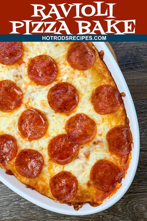 This Ravioli Pizza Bake not only tastes great, but it's also super easy to make. A great cheesy casserole the whole family will enjoy. #beefravioli #pizzabake #pizzacasserole #pepperonipizza #hotrodsrecipes Ravioli Pizza, Ground Turkey Healthy, Pizza Ravioli, Oven Baked Pizza, Gourmet Mac And Cheese, Easy Pizza Recipes, Chili Instant Pot, Beef Pepperoni, Ravioli Casserole