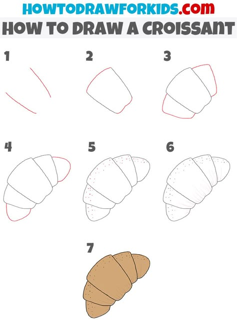 Food Drawing Easy Step By Step, How To Draw A Croissant Step By Step, Croissant Drawing Sketch, How To Draw Food Easy, How To Draw A Croissant, Crossiant Drawings, Drawing Steps For Beginners, Croissant Drawing Simple, How To Draw Desserts