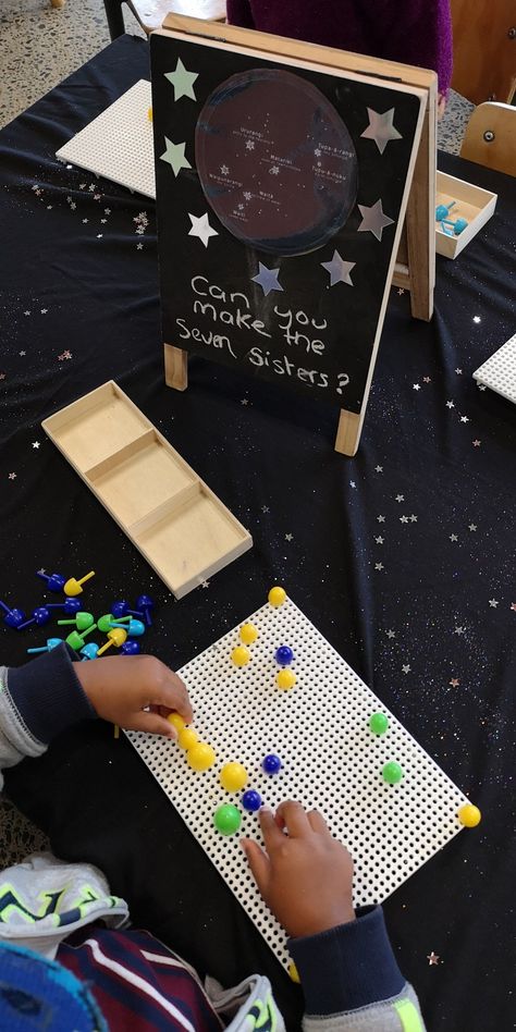 matariki seven sisters peg board provocation Matariki Early Childhood Activities, Matariki Early Childhood, Matariki Activities, Play Provocations, Preschool Environments, Ece Activities, Childhood Activities, Space Day, Early Childhood Activities