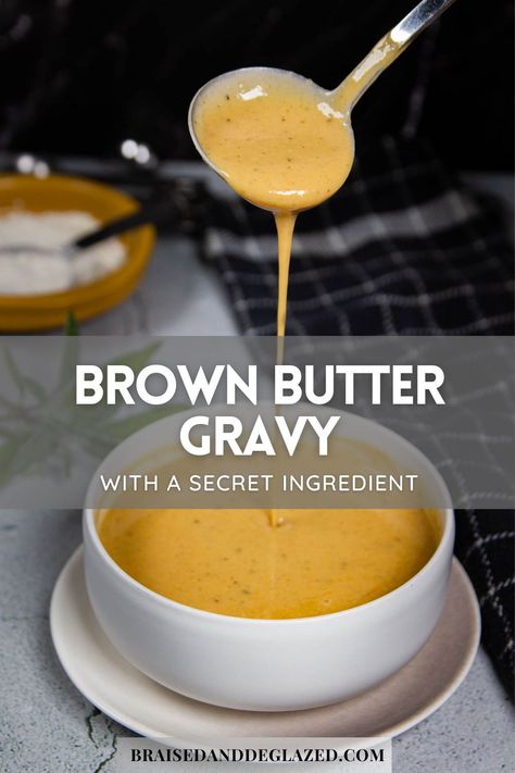 A brown butter gravy that uses caramelized cream to increase the brown butter aroma in the sauce. Perfect for holiday dinner or smothered over creamy mashed potatoes. #christmasrecipes #gravy #sauce #brownbutter Butter Gravy Recipe, Butter Gravy, Easy Brown Gravy, Turkey Sauce, Dressing Gravy, Gravy For Mashed Potatoes, Homemade Gravy Recipe, Potato Sauce, Easy Gravy Recipe