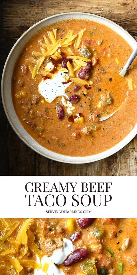 Creamy Beef Taco Soup, Taco Twist, Beef Taco Soup, Beef Taco, Cream Soup, Crock Pot Soup, Taco Soup, Tacos Beef, Vegan Soup