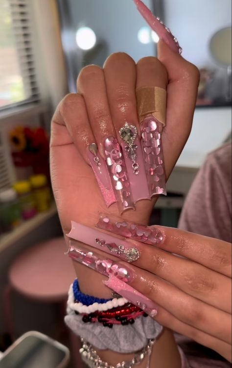 Valentines Junk Nails, Bling Valentines Nails, Pink Bling Valentine Nails, Valentines Day Nails Extra, Extra Long Pink Acrylic Nails, Valentines Day Xl Nails, Buchona Nails, Valentine’s Day Freestyle Nails, Purple And Pink Nails