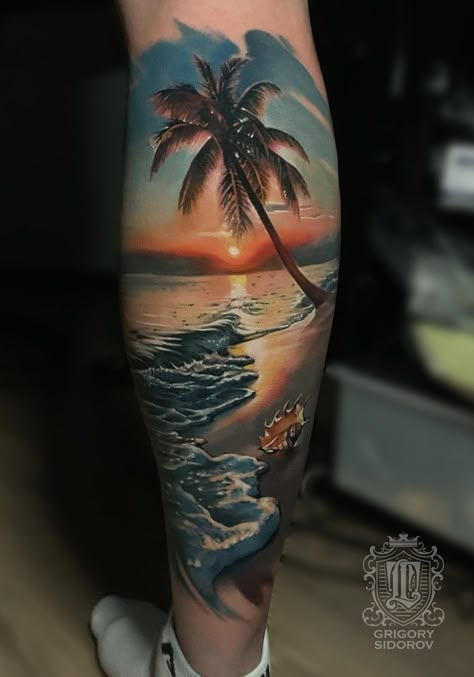 Ocean Tattoos Realistic, Sunset At Beach Tattoo, Beach Tattoo Half Sleeve, Beach Sleeve Tattoos For Women, Realism Ocean Tattoo, Color Beach Tattoo, Beach Leg Tattoos Women, Beach Themed Tattoos For Women Sleeve, Beach Tattoo Sleeve Women