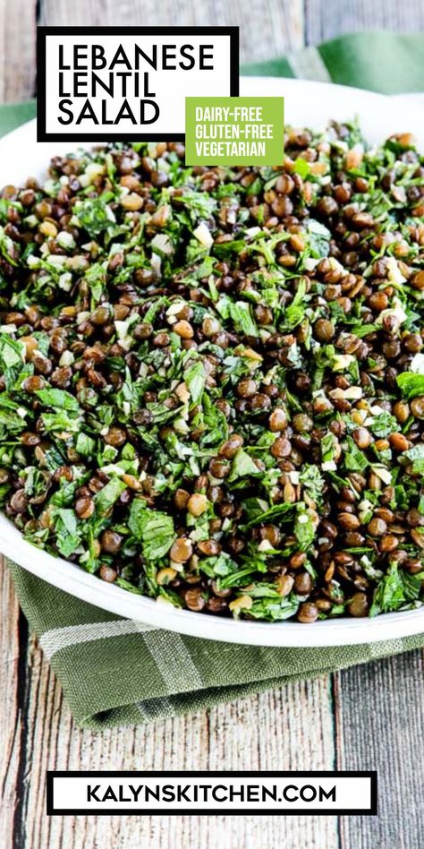 Pinterest image of Lebanese Lentil Salad shown in serving bowl on Green Plaid Napkin. French Lentil Salad Recipes, Lentil Asian Recipes, Lebanese Lentil Salad, Best Lentil Salad Recipe, Lentil Orzo Salad, Chickpea Lentil Salad, Green Lentil Side Dish, Green Lentil Recipes Salad, Lentils Recipe Mexican