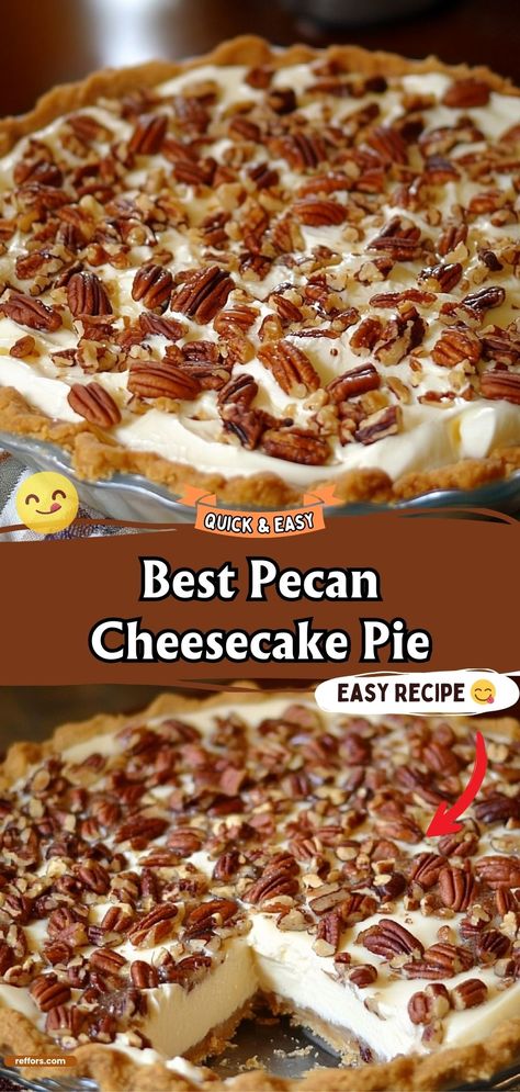 Indulge in the ultimate dessert with this Best Pecan Cheesecake Pie, a luxurious blend of creamy cheesecake and rich pecan pie. This dessert is perfect for the holidays or any special occasion where you want to impress. #PecanCheesecakePie #DecadentDesserts #HolidayFavorite Pecan Cheesecake Pie, Dream Dessert, Quick Cookies, Chicken Cake, Pecan Pie Cheesecake, Pecan Cheesecake, Pecan Pies, Cheesecake Pie, Double Chocolate Chip Cookies