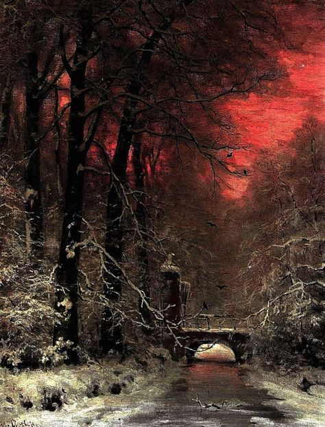 A Snowy Landscape At Sunset  by Louis Apol (1850-1936) Snowy Castle Aesthetic, Snowy Landscape Art, Dreamlike Art, Gothic Castles, Aqua Regia, Gothic Landscape, Scenic Painting, Snowy Landscape, Old Paintings