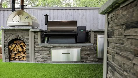 Diy Outdoor Traeger Grill Station, Built In Backyard Grill, Traeger Bbq Island, Outdoor Kitchen Traeger Grill, Diy Built In Traeger Grill, Diy Traeger Built In, Built In Grill And Smoker Patio, Traeger Built In, Traeger Backyard Setup