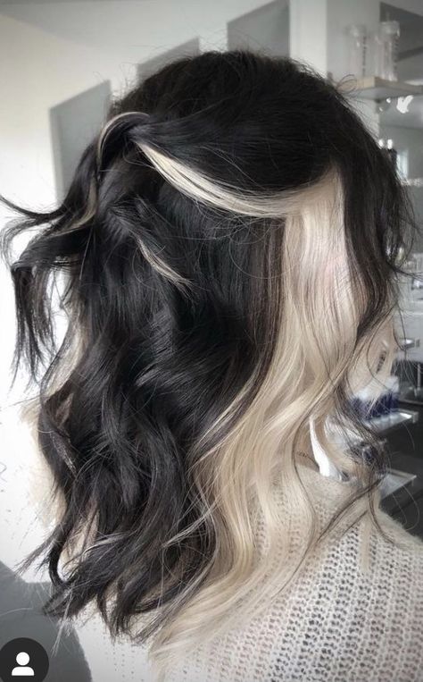 Shoulder Length Color Ideas, Black Hair Dyed Underneath, Black Hair With Money Pieces And Highlights, Dark Color Underneath Hair, Mrs Malfoy Hair, Black And Peekaboo Hair, Dark Front Pieces Hair, Malfoys Mom Hair Color, Narcissa Malfoy Hairstyle On Curly Hair