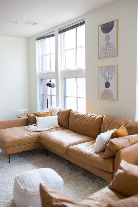 Albany Park Leather Sectional, Vegan Leather Sectional, Vegan Leather Couch Living Room, Cozy Leather Couch, Tan Leather Sectional, Vegan Interior Design, Best Sofa Designs, New Orleans Interior Design, New Orleans Interior