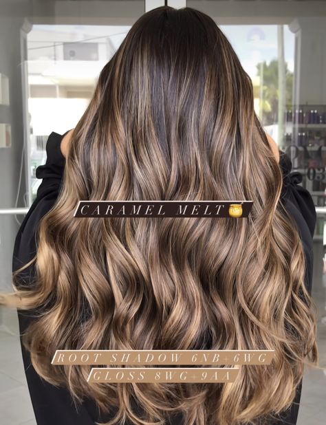 Hair Color Ideas Balayage Caramel, Caramel Balayage Toner Formula, Caramel Hair Shades Eq, Dark Brown And Honey Balayage, Carmal Highlight Formula, 6n Hair Color With Balayage, Caramel Highlights Toner Formula, Honey Brown Redken Formula, Reverse Balayage Caramel