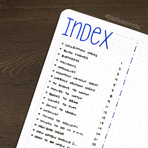 Journal Index Ideas, Bujo Index Page Layout, Index Page Ideas, Bullet Journal Numbers, Bullet Journal Assignment Tracker, Bullet Journal Table Of Contents Ideas, Index Bullet Journal, Index Journal, Bullet Journal Index Page