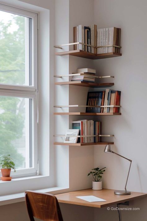 Up next is a minimalist corner, optimized with floating bookshelves. The gold accents on the shelves add a touch of elegance and sophistication to the space. Floating Book Shelves, Diy Bookshelves, Bookshelf Ideas, Floating Bookshelf, Bookshelves In Bedroom, Building A Home, Floating Bookshelves, Unique Shelves, Corner Bookshelves