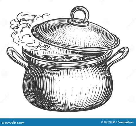 Cooking pot with smoke. Boiling saucepan with lid. Hand drawn sketch engraving illustration Pot Drawing, Kitchen Drawing, Abstract Animal Art, Nature Art Drawings, Engraving Illustration, Illustration Food, Kitchen Pot, Outline Drawings, Cooking Pot