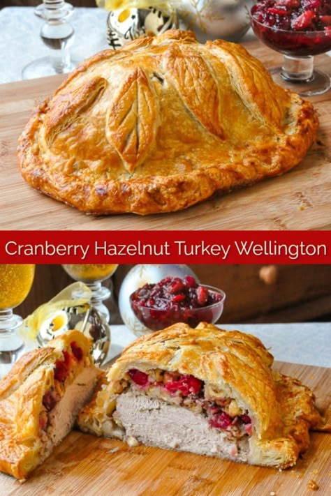 Cranberry Hazelnut Turkey Wellington. This golden turkey wellington is a great alternative for Holiday cooking when serving just a few people. So impressive & so easy using frozen puff pastry. #thanksgiving #christmas #turkey #cookingfortwo Turkey Stuffing Wellington, Turkey En Croute, Gourmet Turkey Recipes, Turkey Wellington Recipe, Wellington Recipes, Turkey Wellington, Gourmet Thanksgiving, Wellington Recipe, Christmas Turkey