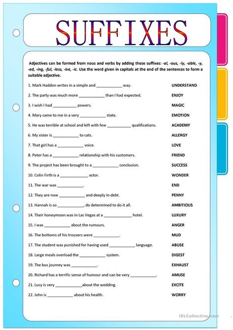 Nouns And Verbs Worksheets, Suffixes Worksheets, Verbs Worksheet, Nouns Verbs Adjectives Adverbs, Part Of Speech Noun, English Adjectives, Adjective Worksheet, Nouns And Pronouns, Word Formation