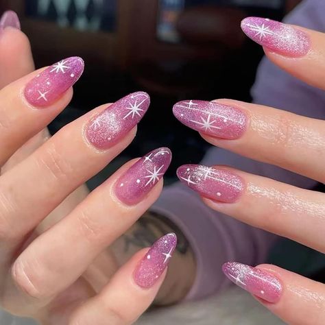 24 PCS Purple Almond False Nails Glitter Bling Press on Nails Medium Glossy False Nails Full Cover Nails Art with Design for Women and Girls Daily Wear Short Press On Nails, Nagel Tips, Nail Type, Y2k Nails, Fake Nails With Glue, Nail Length, Gel Nail Designs, Glitter Stars, False Nail