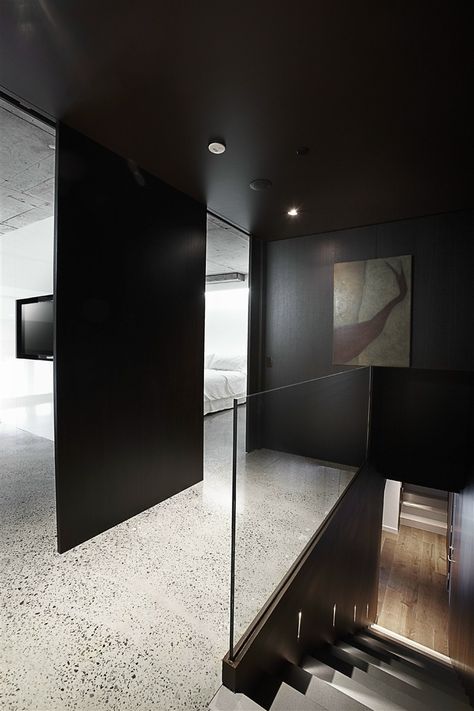 Pyrmont Apartment by Bokor Architecture Interiors Architecture Apartment, Interior Design Minimalist, Terrazzo Floors, Apartment Modern, Interior Minimalista, Hotel Interior Design, Dark Wall, Dark Interiors, Architecture Interiors