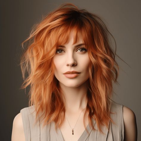 Shag Bangs For Fine Hair, Shaggy Rocker Haircut, Medium Length Haircut Copper, Long Shag Bob Hairstyles, Short Textured Hair With Bangs, Shaggy Hair Cuts For Women, Edgy Haircuts Medium Choppy Bangs, Shag Haircuts For Medium Hair, Taylor Swift Shag Haircut