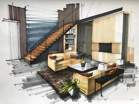 Living Room Sergei Tihomirov Sketchbook Architecture, Portfolio D'architecture, Rendering Interior, Perspective Sketch, Architecture Drawing Sketchbooks, Interior Design Renderings, Drawing Interior, Interior Architecture Drawing, Interior Design Drawings