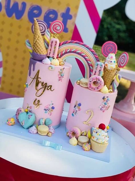 26 Candyland Birthday Party Ideas for Kids - Lady Celebrations Candyland Cake Design, Candy Land Cake Design, Two Sweet Birthday Cakes, 2 Cakes Joined, Too Sweet 2nd Birthday Cake, Candyland First Birthday Party Girl, Four Ever Sweet Birthday Cake, Two Sweet Party 2nd Birthday Cake, Double Cake Design