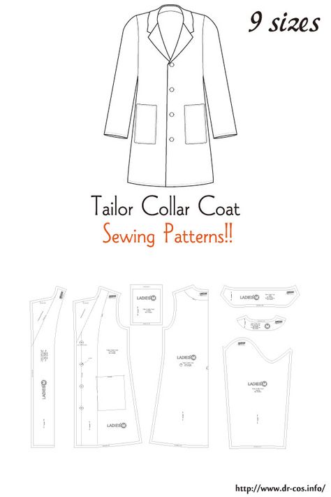 This is the pattern of a Tailor Collar Coat. inch size(letter size) Children's-4,8,10/Ladies'-S,M,L,LL/Men's-L,LL cm size(A4 size) Children's-100,120,140/Ladies'-S,M,L,LL/Men's-L,LL Womens Coat Outfit, Raincoat Pattern Sewing, Trench Coat Pattern Sewing Free, Coat Collar Pattern Drafting, Clothing Patterns Men, Free Coat Pattern, Sewing Coat Pattern, Trenchcoat Pattern, Easy Coat Pattern