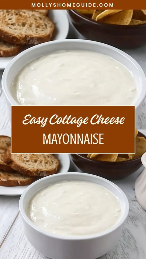 Discover creative and delicious recipes using cottage cheese and mayonnaise. From creamy dips to flavorful dressings, these versatile ingredients can take your meals to the next level. Whether you're a fan of classic dishes or looking to try something new, cottage cheese and mayonnaise are sure to add a tasty twist to your favorite recipes. Explore the possibilities and elevate your cooking game with these simple yet flavorful ingredients!  Ingredients 7 ounces plain cottage cheese (unsalted) 4 Cottage Cheese Mayonnaise, Cottage Cheese Mayo, Cottage Cheese Salad Dressing Recipes, Cottage Cheese Vegetarian Recipes, Dry Curd Cottage Cheese Recipes, Cooking With Cottage Cheese, Cottage Cheese Salad Dressing, Cottage Cheese Dressing, Recipes Using Cottage Cheese