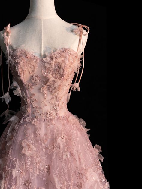 Pink Gowns Aesthetic, Pink Spaghetti Strap Dress For Banquet, Pink Spaghetti Strap Banquet Dress, Fairy Gown Prom, Princess Wedding Dresses Pink, Dreamy Dress Aesthetic, Pink And White Prom Dress, Enchanted Garden Prom Dress, Ball Dress Aesthetic