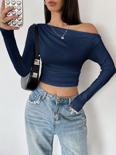 Asymmetrical Neck Ruched Crop TeeI discovered amazing products on SHEIN.com, come check them out! Hot Sweater, Ruched Top, Women T Shirts, Long Sleeve Crop, Inspiration Mode, I Got It, Crop Tee, Black Casual, Long Sleeve Knit