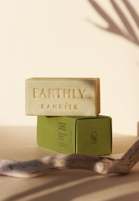 Branding and soap packaging design for Earthly Bandits Natural Soap Branding, Bar Soap Design, Soap Product Shoot, Handmade Soap Photography, Soap Brand Logo, Organic Soap Packaging, Natural Hygiene Products, Soap Photography Ideas, Soap Bar Packaging