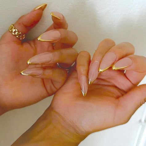 SINHOT French Tip Press on Nails Long Stiletto Fake Nails Gold Glitter Acrylic Nails Glossy Glue on Nails Stiletto Artificial Nails Stick on False Nails with Design Amazon Affiliate Paznokcie Hello Kitty, Kutek Disney, Chrome Nails Designs, Nagel Tips, White Acrylic Nails, Almond Nails Designs, Makijaż Smokey Eye, New Year's Nails, Stick On Nails