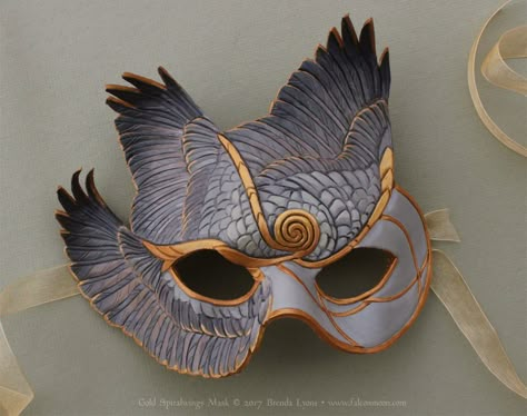 Gold Spiralwings Leather Mask by windfalcon.deviantart.com on @DeviantArt Wings Necklace, Feather Mask, Bird Masks, Mask Masquerade, Venetian Masks, Mask Ideas, Bird Wings, Leather Mask, Masquerade Masks