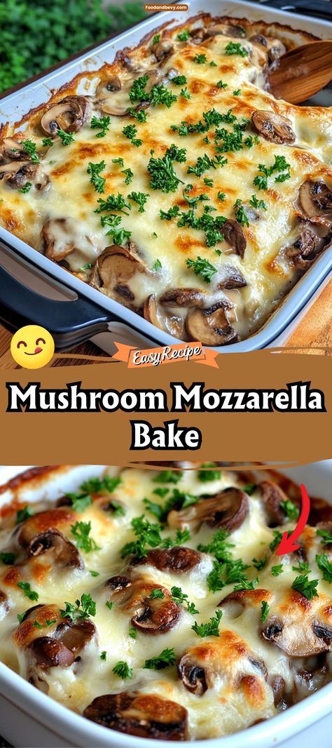 Delight in the savory layers of the Mushroom Mozzarella Bake, a comforting dish that combines earthy mushrooms with melted mozzarella and a touch of Italian herbs. Baked until golden and bubbly, this dish is a perfect side or vegetarian main course. #MushroomBake #CheesyDelights #VegetarianRecipe Meatless Mushroom Recipes, Recipes With Sliced Mushrooms, Recipes That Use Mushrooms, Mushroom Mozzarella Bake, Mushroom Dishes Recipes, Miyokos Mozzarella Recipes, Vegan Main Course Recipes, Mushroom Meal Ideas, Baked Italian Dishes