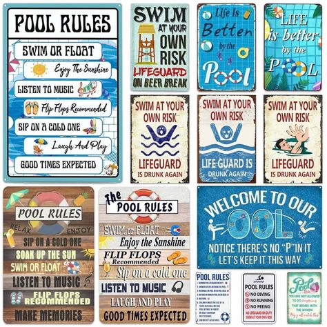 Beach Pool Rules Wall Metal Posters Tin Signs No Swim No Running Warning Text Public Pool Beach Wall Signs Shabby Plate Poster Swimming Pool Rules, Pool Rules Sign, Swimming Pool Signs, Public Pool, Home Rules, Pool Rules, Text Wall, Swim Life, Pool Signs