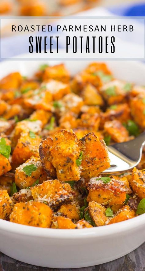 Roasted Sweet Potato Recipes, Savory Sweet Potatoes, Thanksgiving Side Dishes Crockpot, Potatoes Parmesan, Potatoes Thanksgiving, Thanksgiving Side Dishes Healthy, Sweet Potato Side Dish, Sweet Potato Recipes Roasted, Sweet Potato Sides