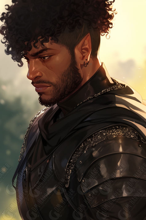 Xolkin Alassandar, lawful evil, male half-elf Zhentarim Captain Male Archer Aesthetic, Dark Skin Elf Male, Black Fantasy Male, Dnd Half Elf Male, Black Elf Male, Black Dnd Characters, Dark Skinned Elf, Half Elf Male, Afro Character