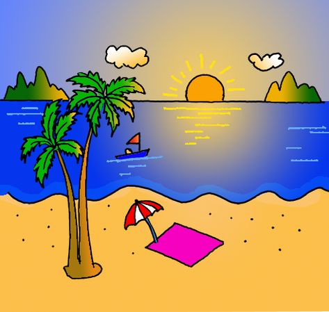 How to Draw a Beach Scene - Step by Step Easy Drawing Guides - Drawing Howtos How To Draw A Beach Scene Step By Step, Drawing Beach Easy, Summer Drawings Easy For Kids, Beach Easy Drawings, Drawing Beach Scenes, How To Draw A Beach Scene, Beach Drawing For Kids, Beach Scenes Drawing, Beach Drawings Easy