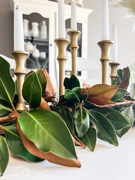 Decor With Magnolia Leaves, Magnolia Fall Table Decor, Magnolia Leaves Thanksgiving Table, Magnolia Leaves In Vase, Decorating With Magnolia Leaves Holidays, Christmas Decor With Magnolia Leaves, Magnolia Leaf Table Decor, Magnolia Branches In Vase, Fall Magnolia Decor