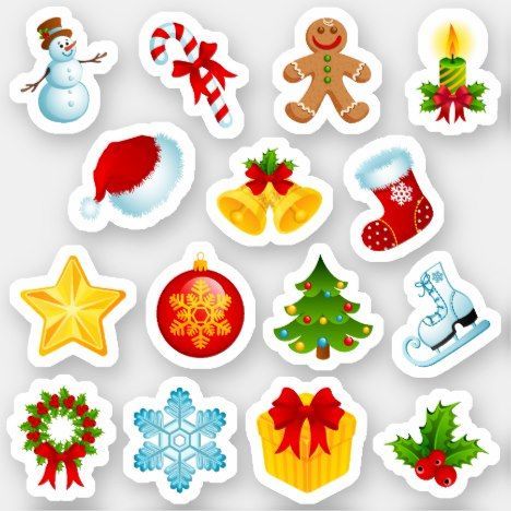 Cute Christmas Icons Vinyl Sticker | Zazzle Christmas Decor Sticker, Cute Christmas Icons, Cute Christmas Stickers, Zazzle Stickers, Christmas Stickers Printable, Christmas Toppers, Christmas Logo, Thanksgiving Turkey Craft, Xmas Sticker