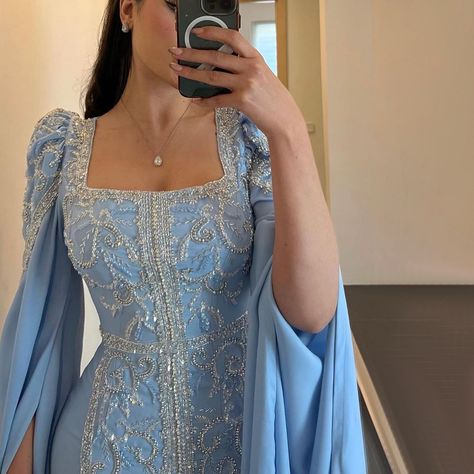 SS365 Luxury Dubai Blue Mermaid Muslim Evening Dresses with Cape Sleeves Arabic Women Wedding Engagement Party Gowns 💙💙💙 #couturedress #formaldress #wedding #guest #luxurywedding #summerwedding #couture #weddingdress #eveningdress #فساتين_زفاف #الامارات #فساتين_سهره #düğün #nişanelbisesi #bridalcouture #dreamweddingdress #bridetobe #bridalwear #مسلمون #المملكة #PartyDress #engaged Simple Muslim Wedding Dress, Arabic Luxury, Visenya Velaryon, Ethereal Dresses, Dress Types, Yellow Evening Dresses, Grey Evening Dresses, Wedding Dress Types, Champagne Evening Dress