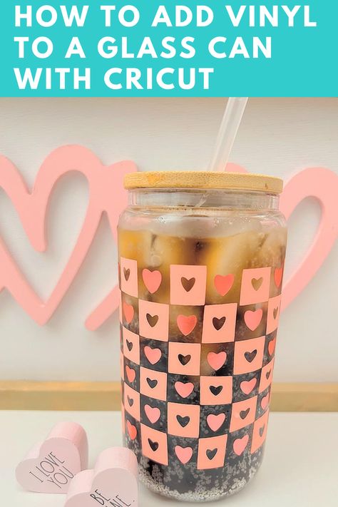 How to Add Vinyl To a Glass Can with Cricut Cricut Vinyl On Glass Cups, Cricut Ideas For Glass Cups, Cricut On Glassware, How To Make Cups With Vinyl Tumblers, How To Make Glass Cups With Cricut, How To Make A Glass Can Wrap, Diy Cricut Tumbler Ideas, Permanent Vinyl On Glass Cup, Glass Tumbler Cricut